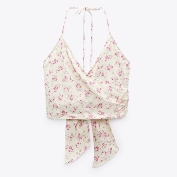 ZARA Halter Neck Wrap Crop Top Tie-Back Women’s Medium Satin Cream Floral - Picture 2 of 9